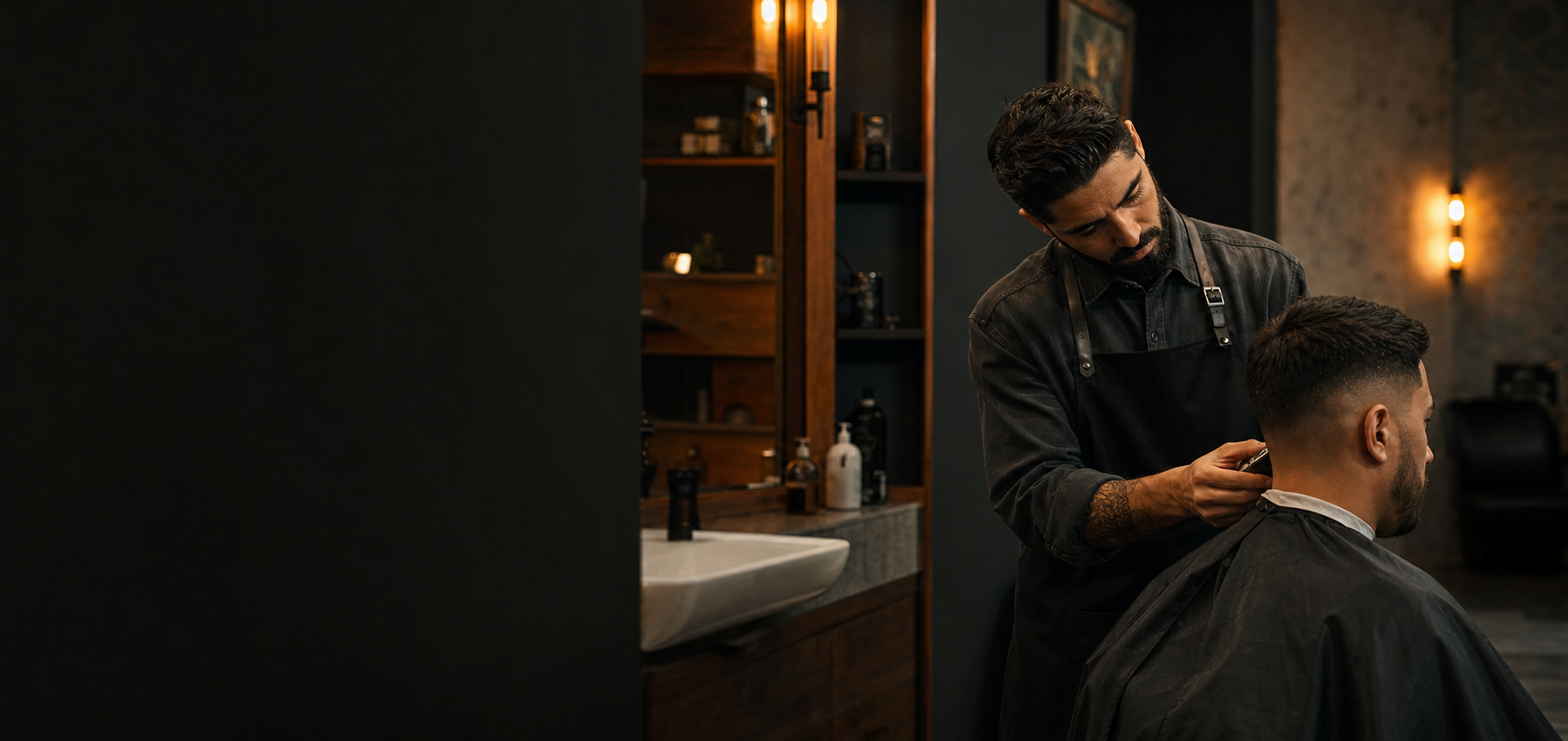 Barbeiro a finalizar um corte numa barbearia